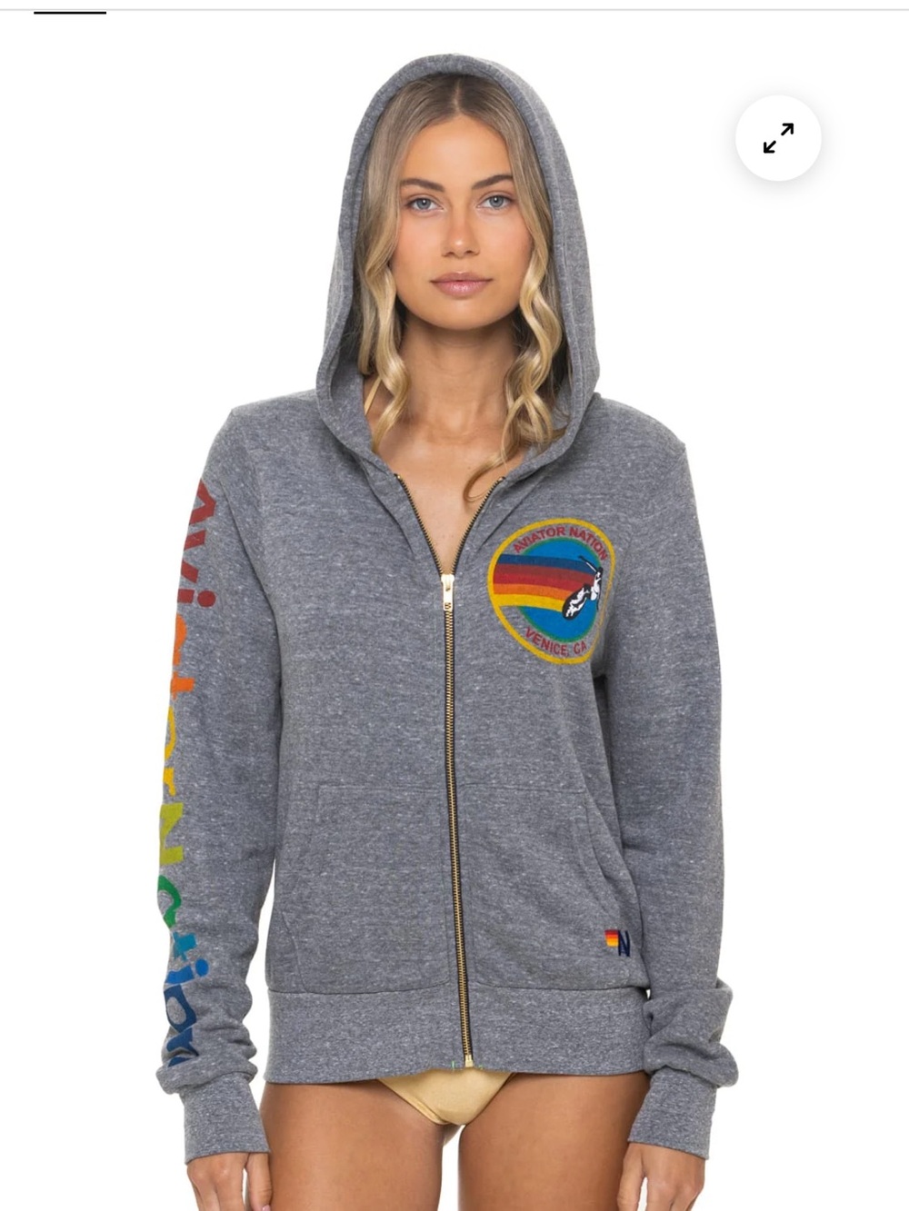 Aviator Nation Women's Gray Zip-Up Hoodie with Rainbow Patch
